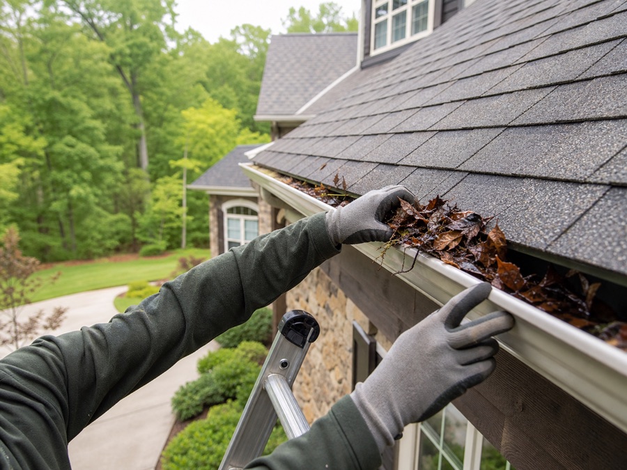 Gloved professional clearing leaves from a house gutter