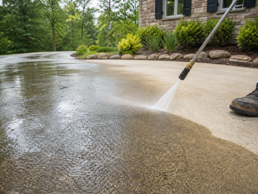Pressure washing a residential concrete driveway